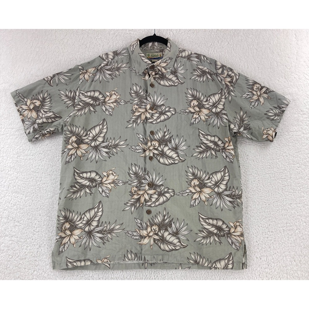 Kahala Green Hawaiian 100% Silk Button-Up Shirt Mens‎ Short Sleeve Size Large